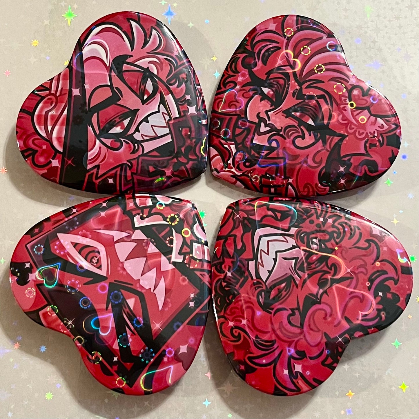 NEW !! Hazbin Valentine's Heart Holographic Ship Buttons - FANMADE Mix n Match Handmade Individual Duo All By Jamealipuff